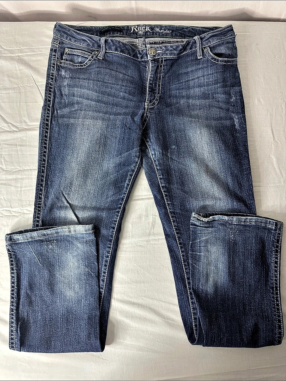 Rock Revival Ultra Low Rise Boot Cut Jeans in Blue